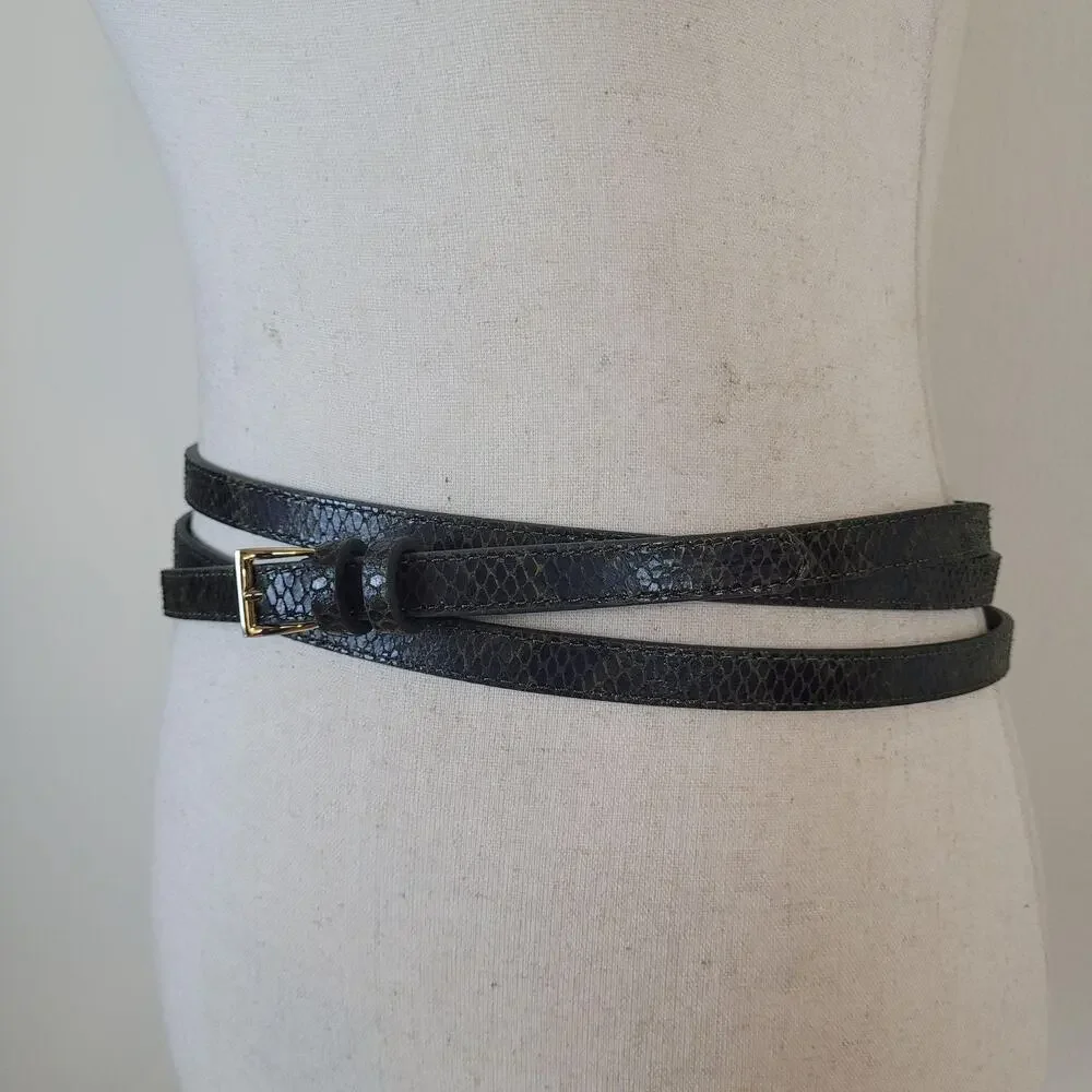 Banana Republic Belt Small Green Leather Snakeski Animal Print Thin Skinny Wrap